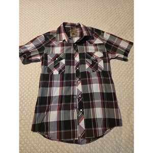 Coevals Club Western Shirt Mens Medium Burgundy Black Plaid Excellent Pearl Snap